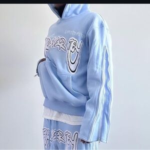 Forever Icy Light Blue & puff white letter double zip up sleeves Graphic Hoodie